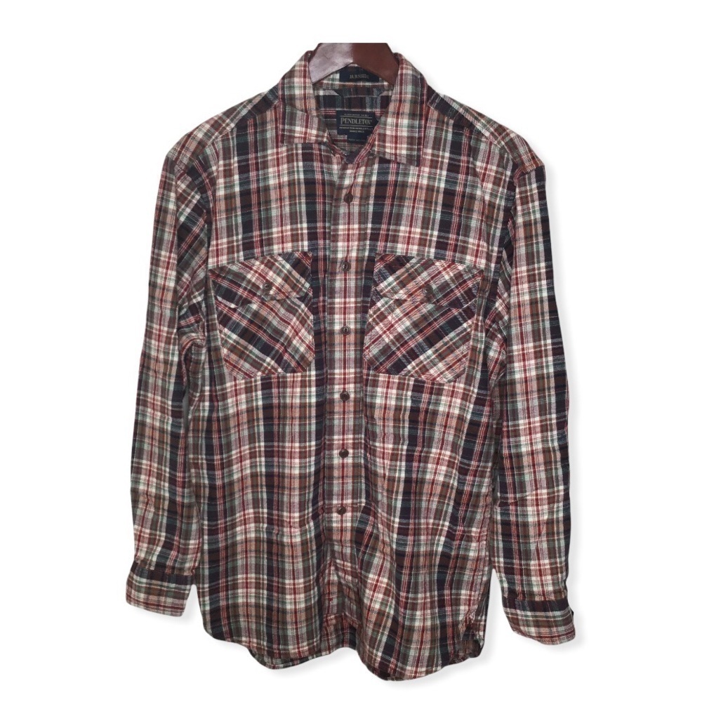 Pendleton Burnside Cream and Red Plaid Long Sleeve Button Down Shirt.